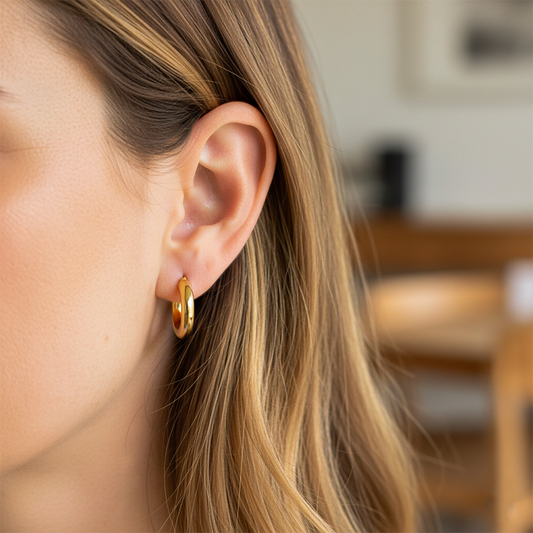 Oreja de modelo usando unas candongas medio tubo lisas en oro amarillo de 18 quilates de Joyería Caracas. 