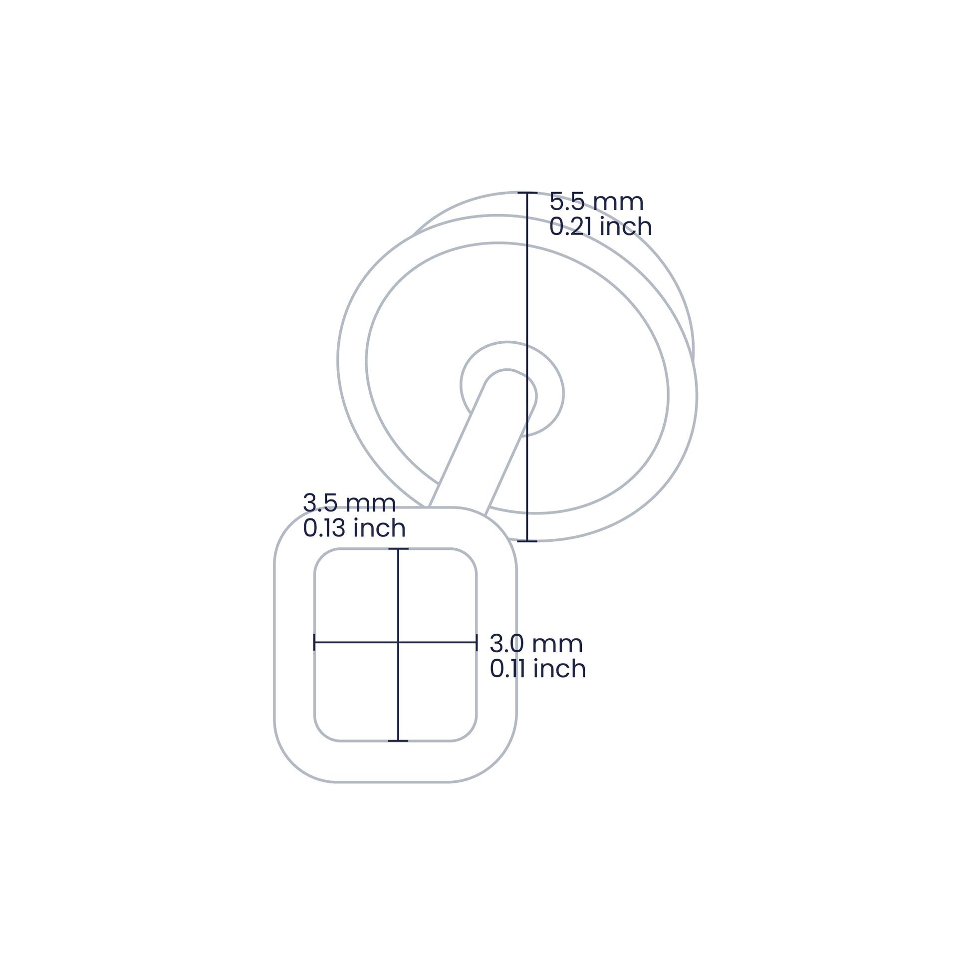 Croquis de topito cuadrado en oro blanco de 18 quilates y piedra  preciosa de Esmeralda de 3.5mm de alto y 3.0mm de ancho, hechos en Joyería Caracas. 