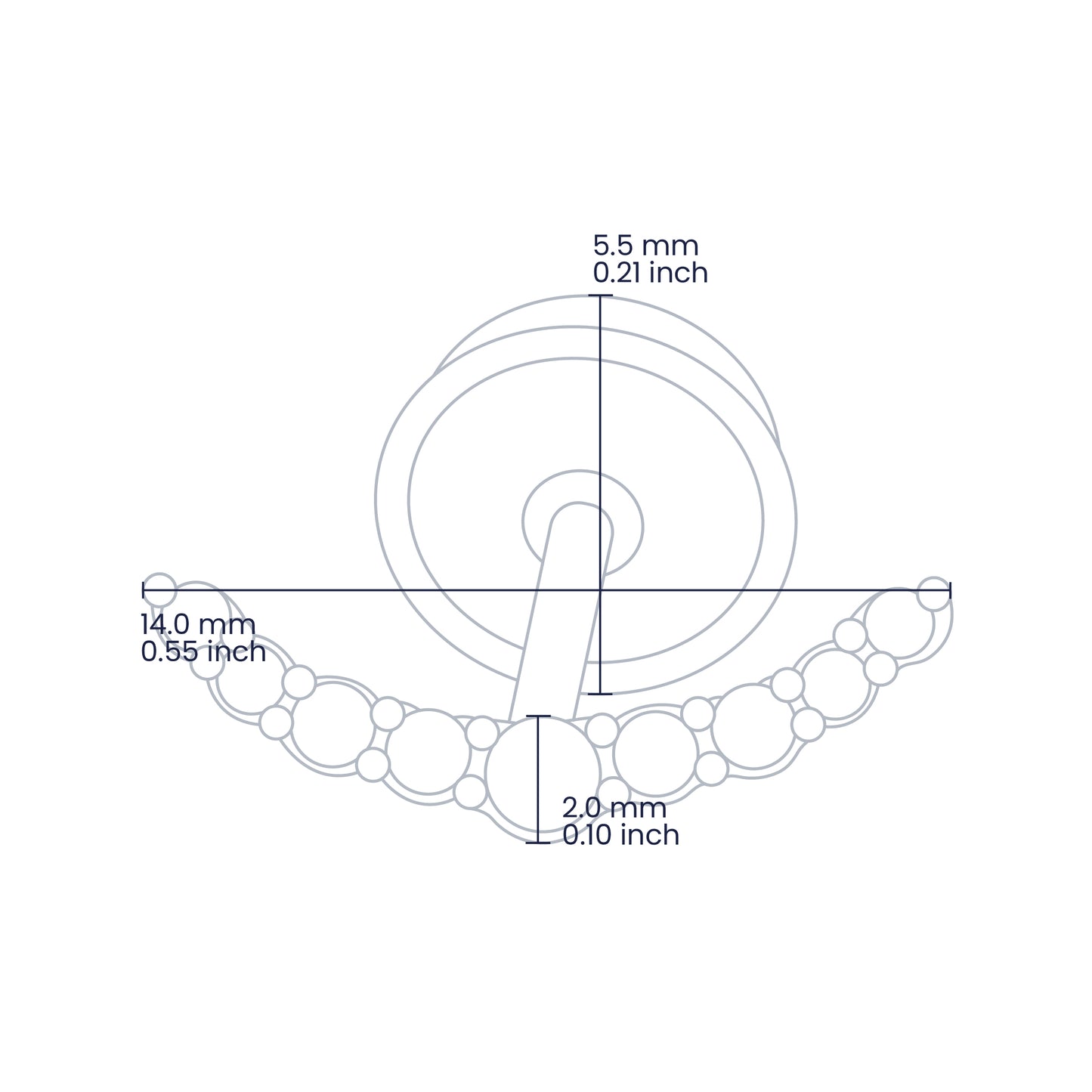 Croquis de topito caterpillar de 14.0mm de ancho y 2.0mm de alto en oro amarillo de 18 quilates con cristales de color blanco, hechos en Joyería Caracas.