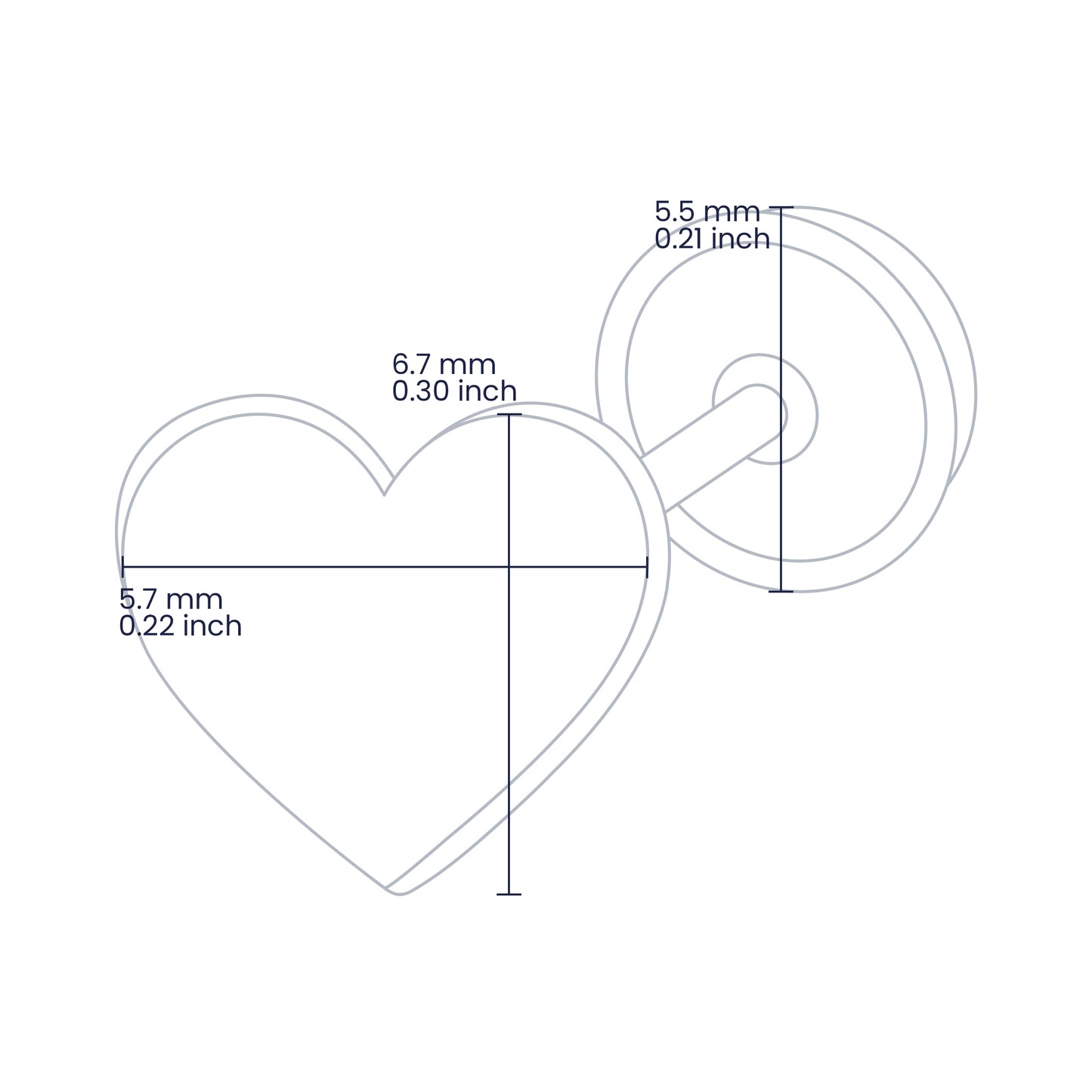 Croquis de topito en forma de corazón de 6.7mm de alto y 5.7mm de ancho con broche de rosca española en oro amarillo de 18 quilates, hechos en Joyería Caracas. 