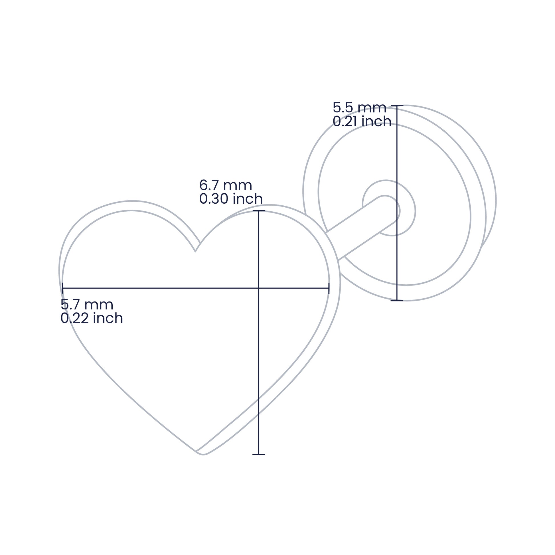 Croquis de topito en forma de corazón de 6.7mm de alto y 5.7mm de ancho con broche de rosca española en oro amarillo de 18 quilates, hechos en Joyería Caracas. 