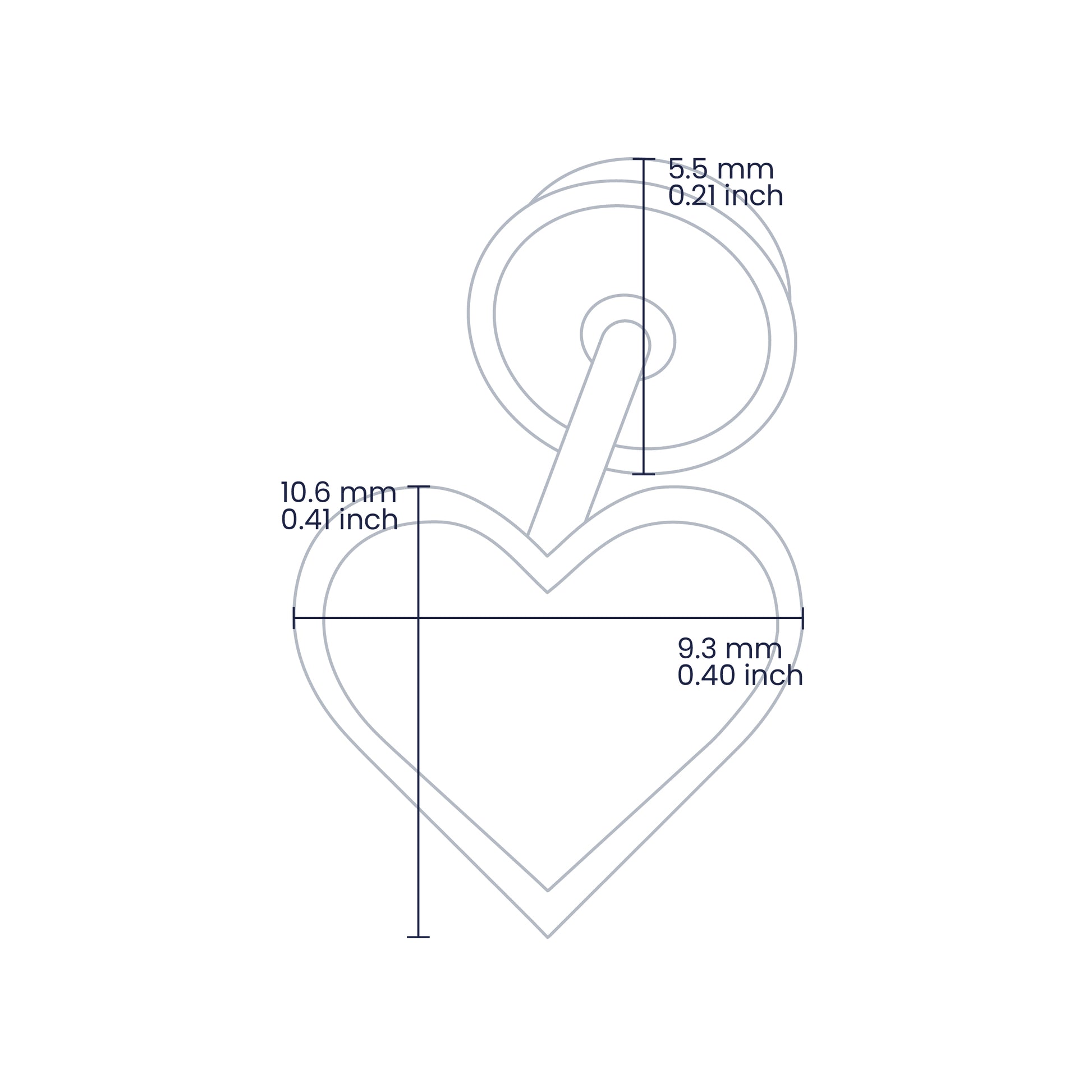 croquis de topito en forma de corazón de 10.6mm de alto y 9.3mm de ancho con broche de rosca española en oro amarillo de 18 quilates, hechos en Joyería Caracas. 