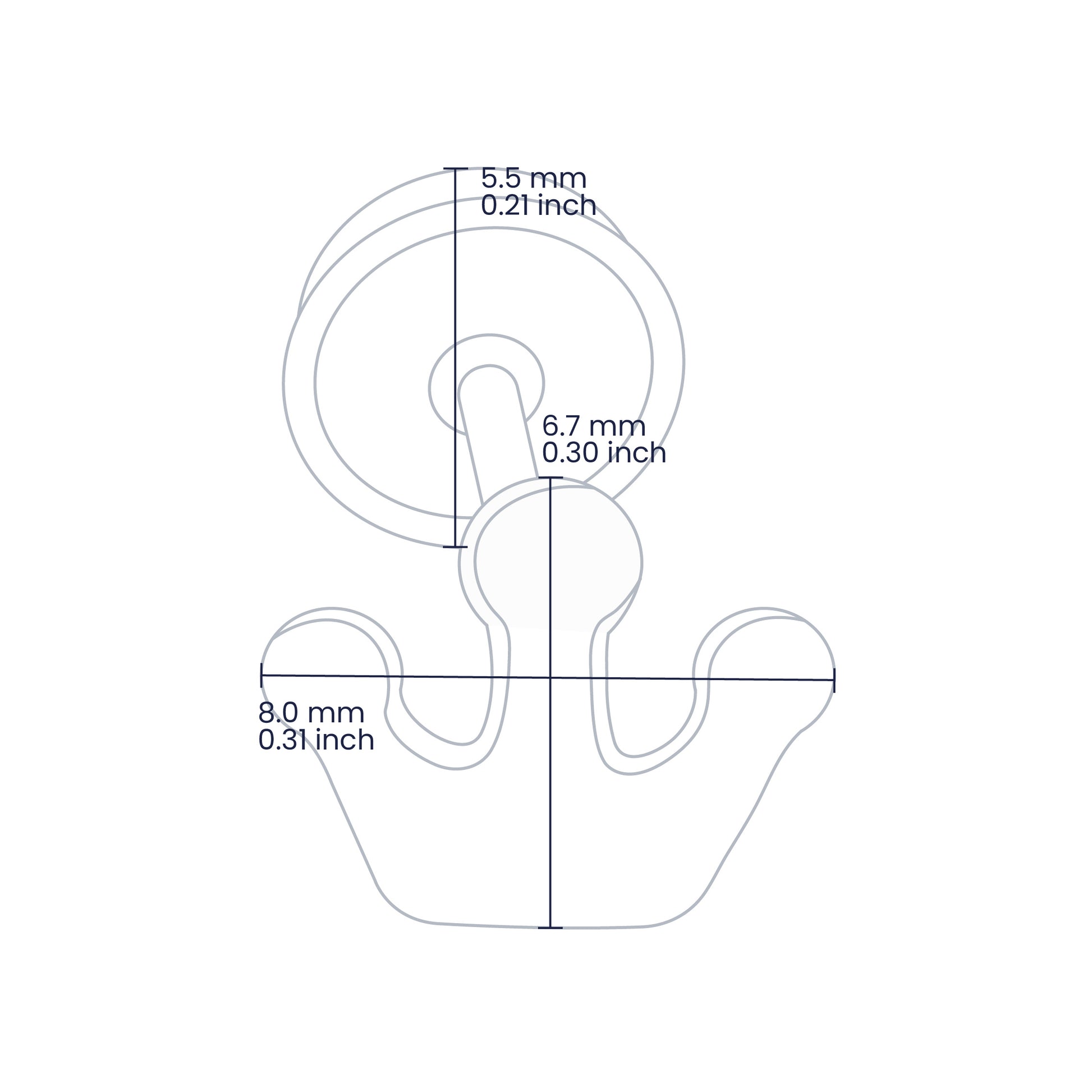 Croquis de topitos en forma de corona de 6.7mm de alto y 8.0mm de ancho con broche de rosca española en oro amarillo de 18 quilates, hechos en Joyería Caracas. 