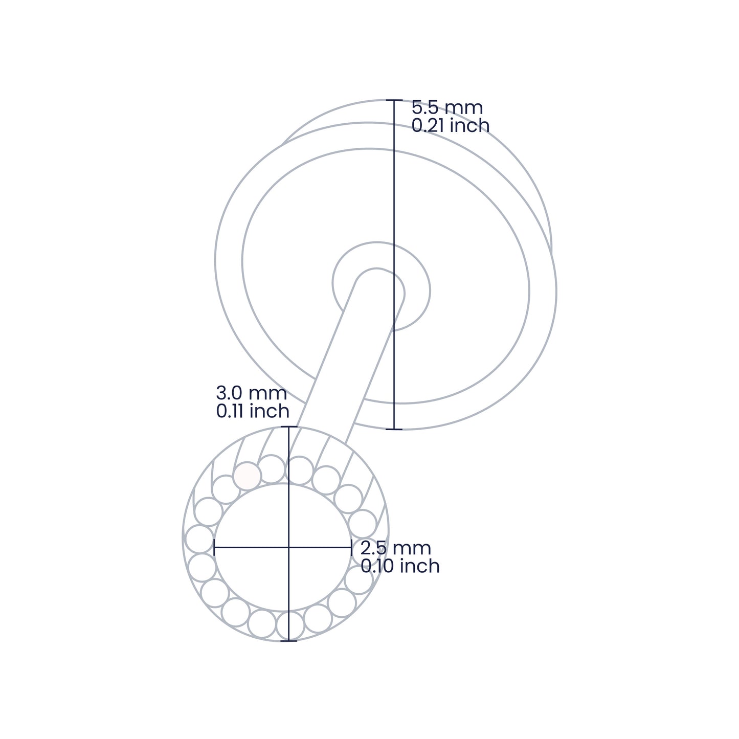 Croquis de topito en forma empalillado de 3.0mm con broche de rosca española en oro amarillo de 18 quilates con cristal de color blanco de 2.5mm, hechos en Joyería Caracas. 