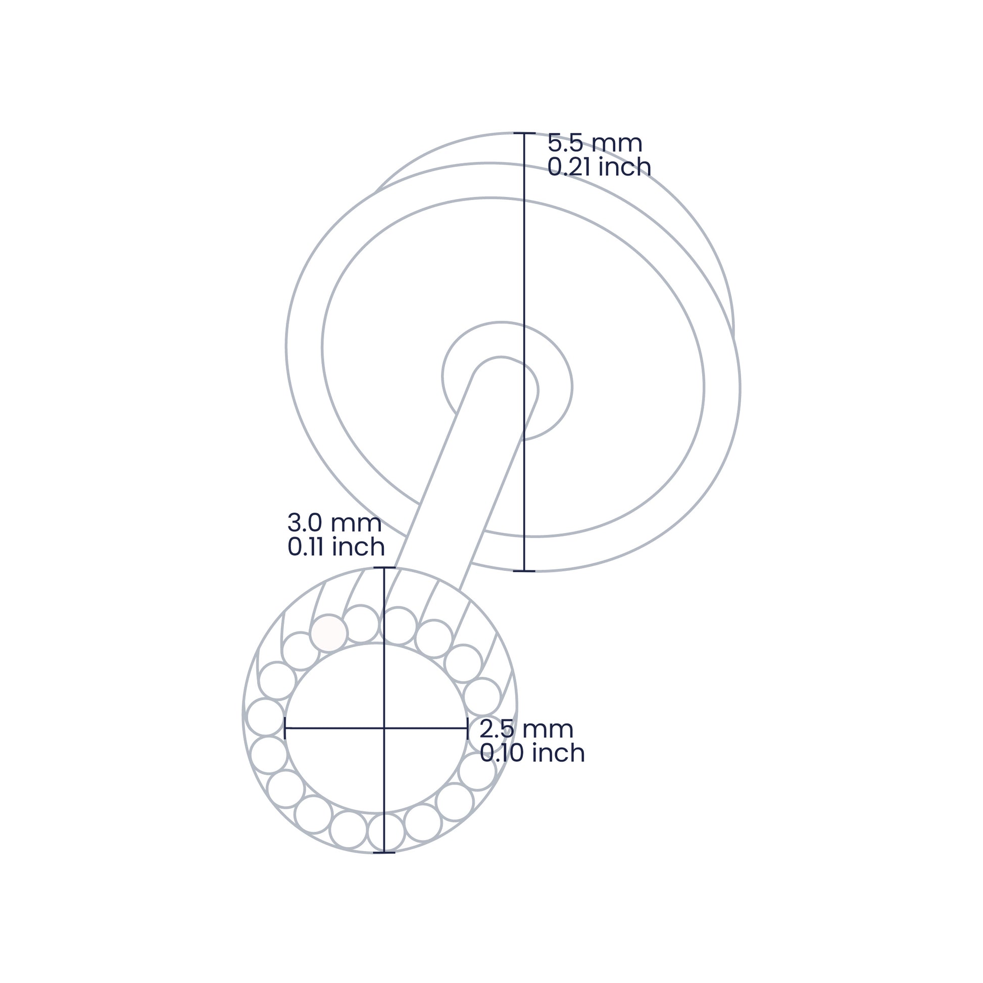 Croquis de topito en forma empalillado de 3.0mm con broche de rosca española en oro amarillo de 18 quilates con cristal de color blanco de 2.5mm, hechos en Joyería Caracas. 