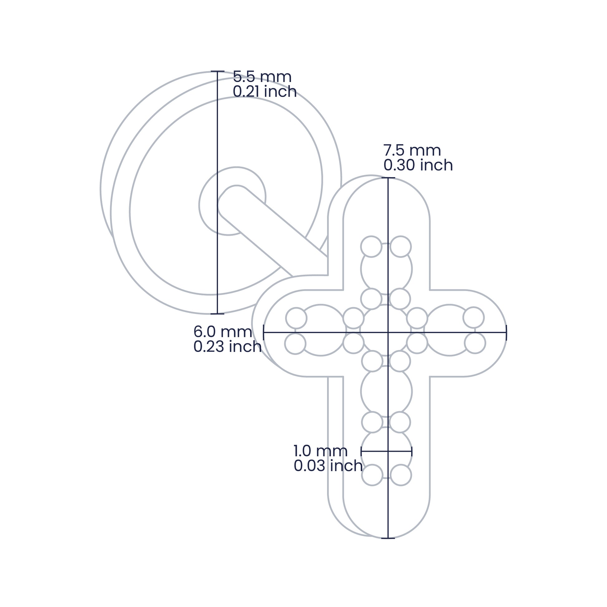 Croquis de topito en forma de cruz de 7.5mm de alto y 6.0mm de ancho con broche de rosca española en oro amarillo de 18 quilates con 6 cristales de color blanco de 1.0mm, hecho en Joyería Caracas. 