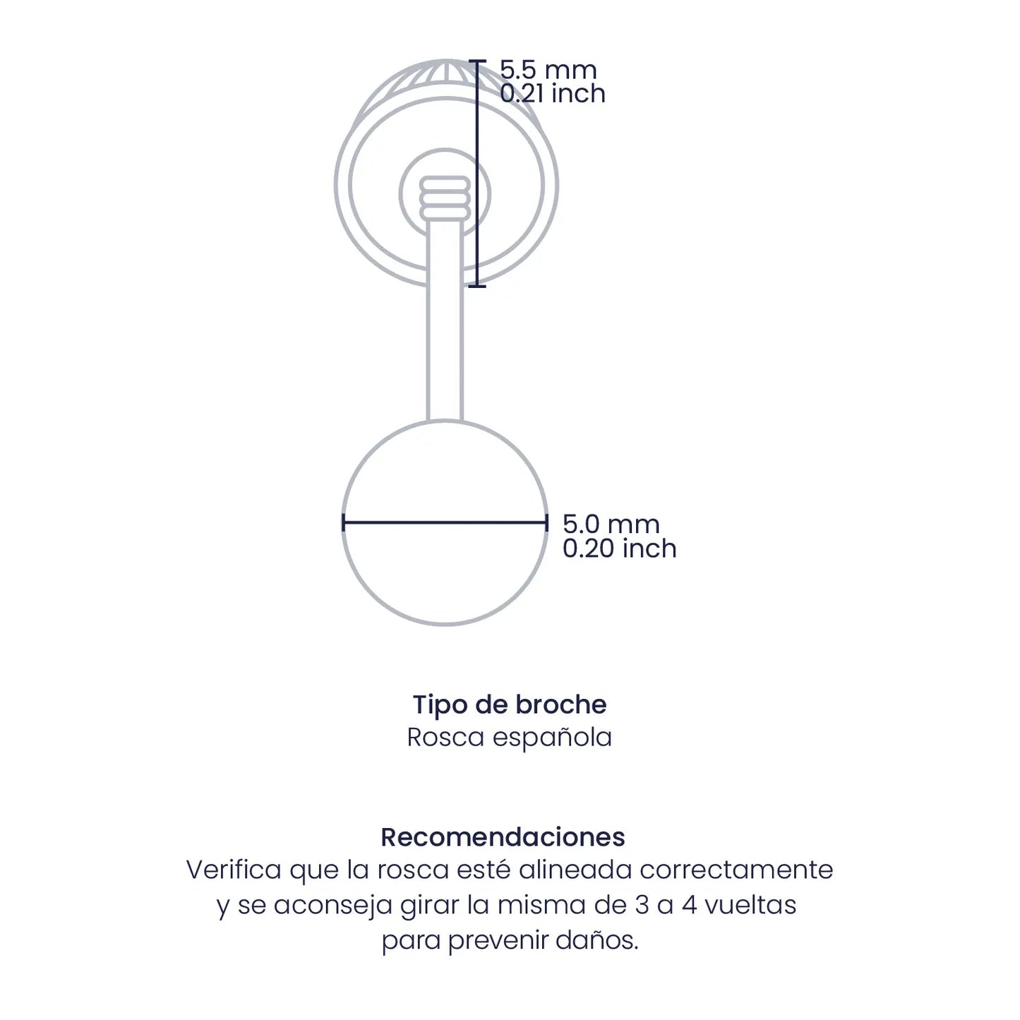 Croquis de topitos de esfera lisa de 5.0mm con broche de rosca española en oro blanco de 18 quilates, hechos en Joyería Caracas. 