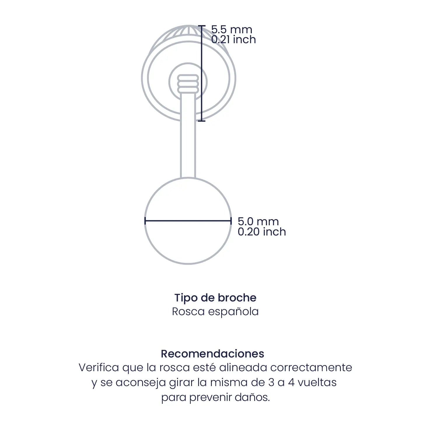Croquis de topitos de esfera lisa de 5.0mm con broche de rosca española en oro blanco de 18 quilates, hechos en Joyería Caracas. 