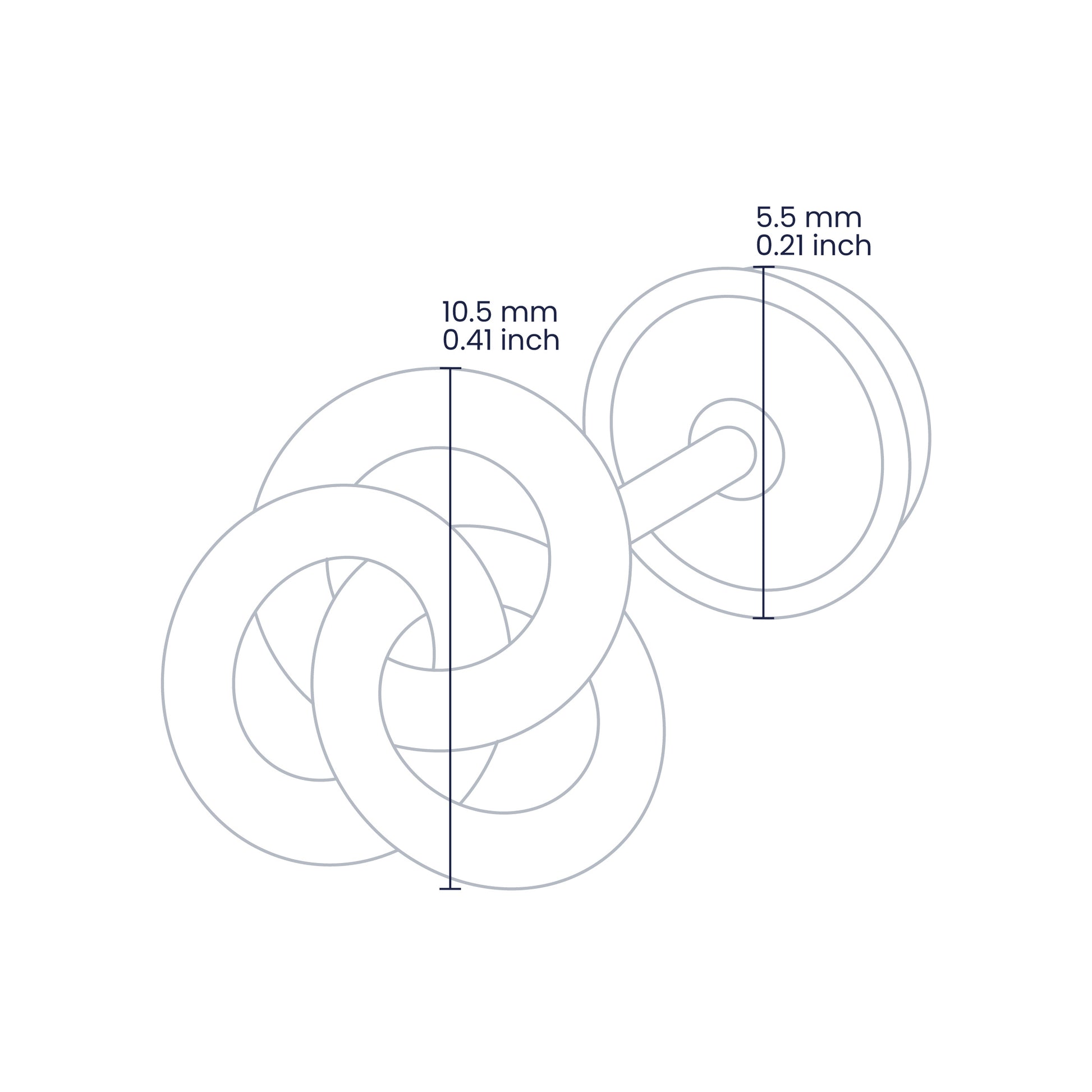 Croquis de topito en forma de espiral de 3 aros de 10.5mm con broche de rosca española en oro amarillo de 18 quilates, hechos en Joyería Caracas. 