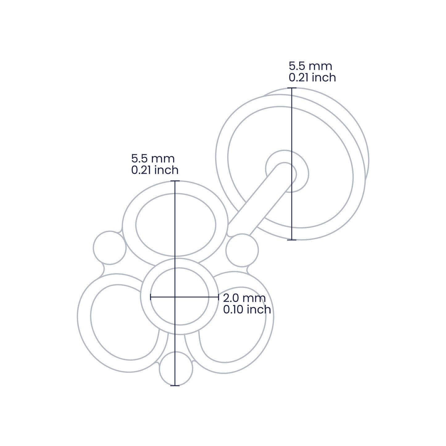 Croquis de topito de 3 aros de 5.5mm en oro amarillo de 18 quilates con cristal de color blanco de 2.0mm, hechos en Joyería Caracas. 