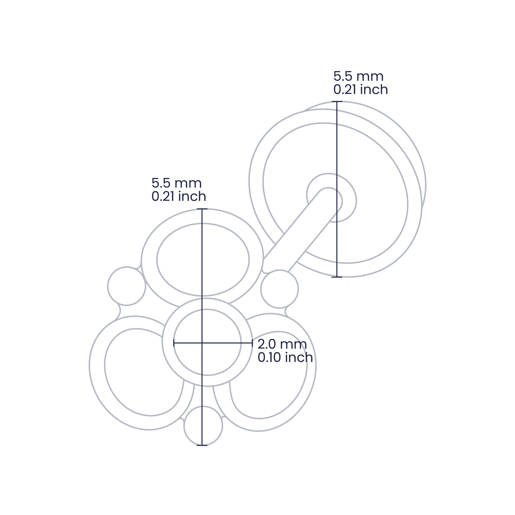 Croquis de topito de 3 aros de 5.5mm en oro amarillo de 18 quilates con cristal de color blanco de 2.0mm, hechos en Joyería Caracas. 