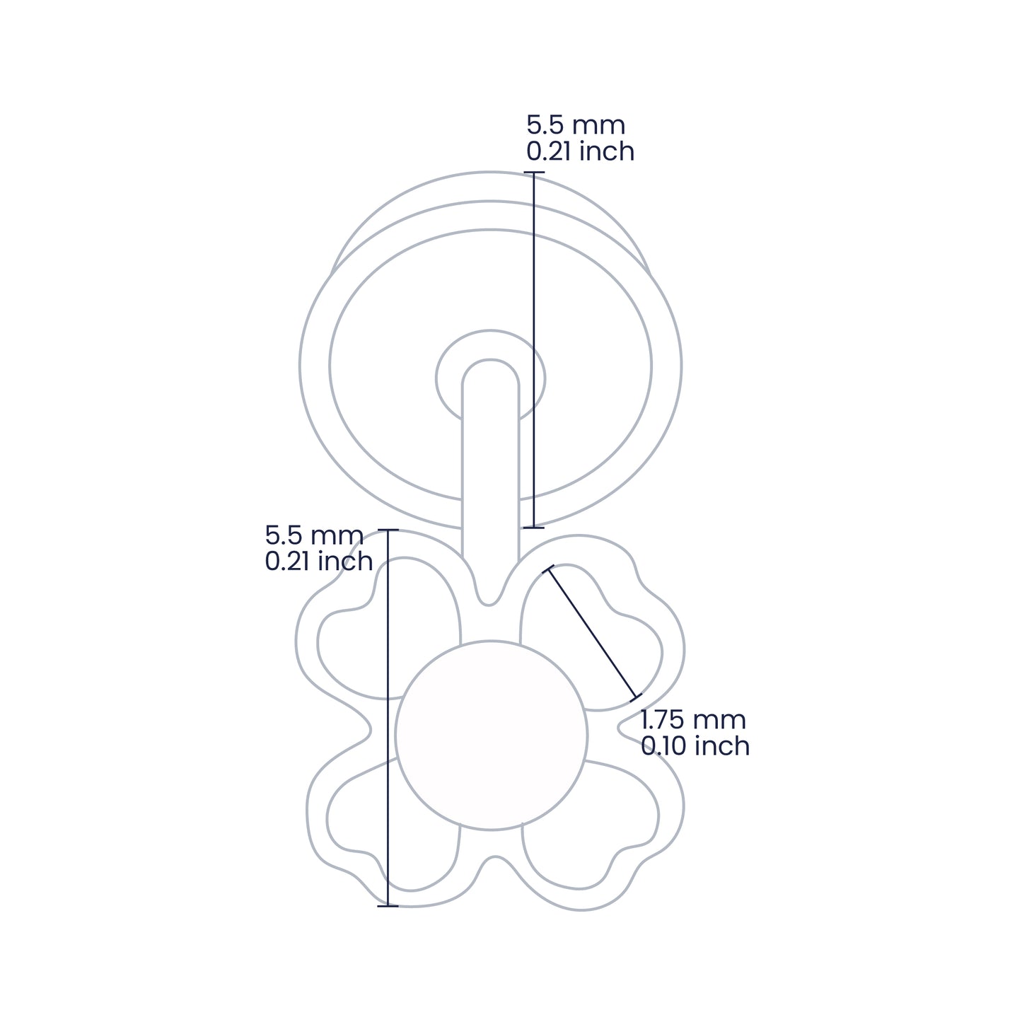 Croquis de topito en forma de flor de 5.5mm de alto en oro amarillo de 18 quilates con 4 cristales de pétalos de 1.75mm con broche de rosca española, hechos en Joyería Caracas. 