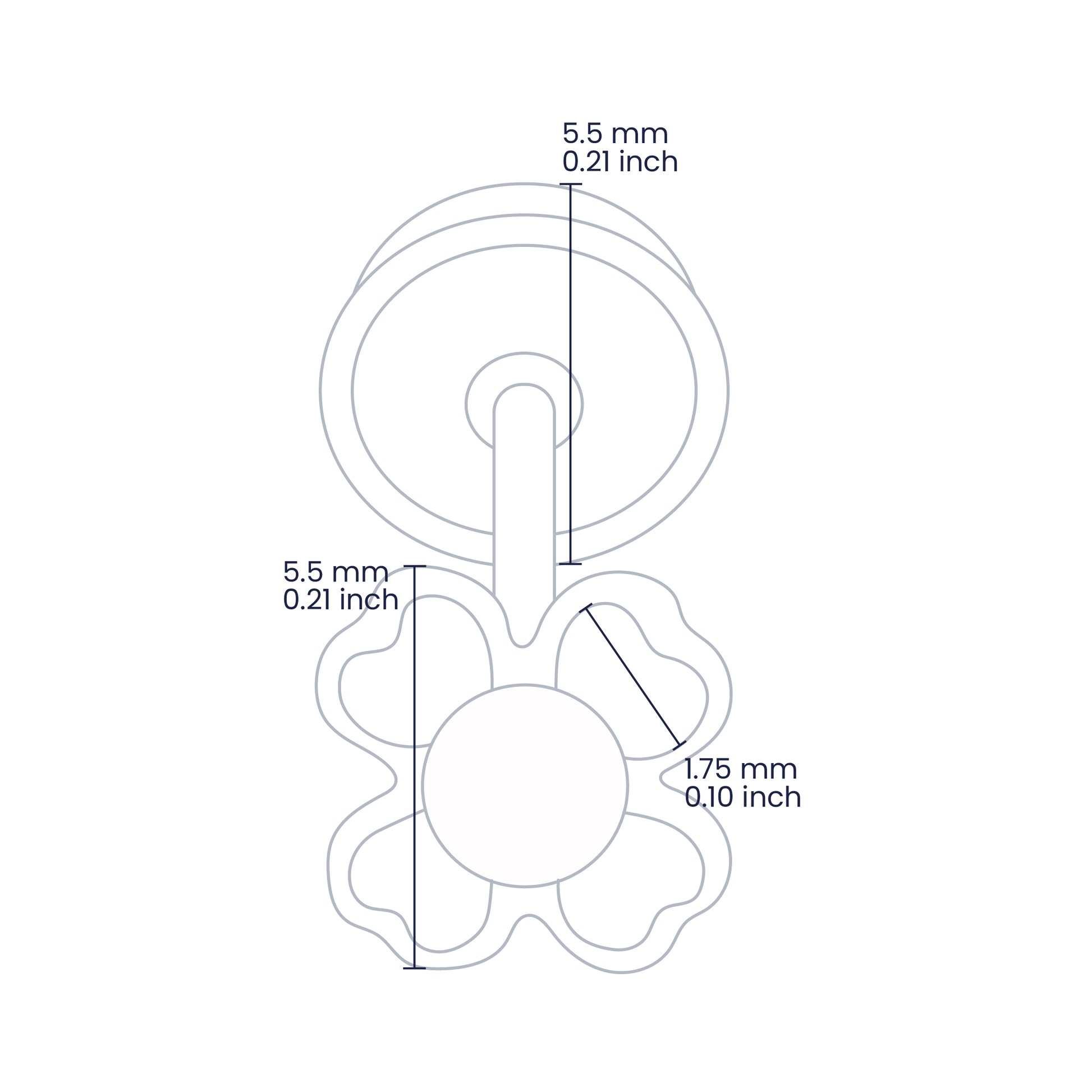 Croquis de topito en forma de flor de 5.5mm de alto en oro amarillo de 18 quilates con 4 cristales de pétalos de 1.75mm con broche de rosca española, hechos en Joyería Caracas. 