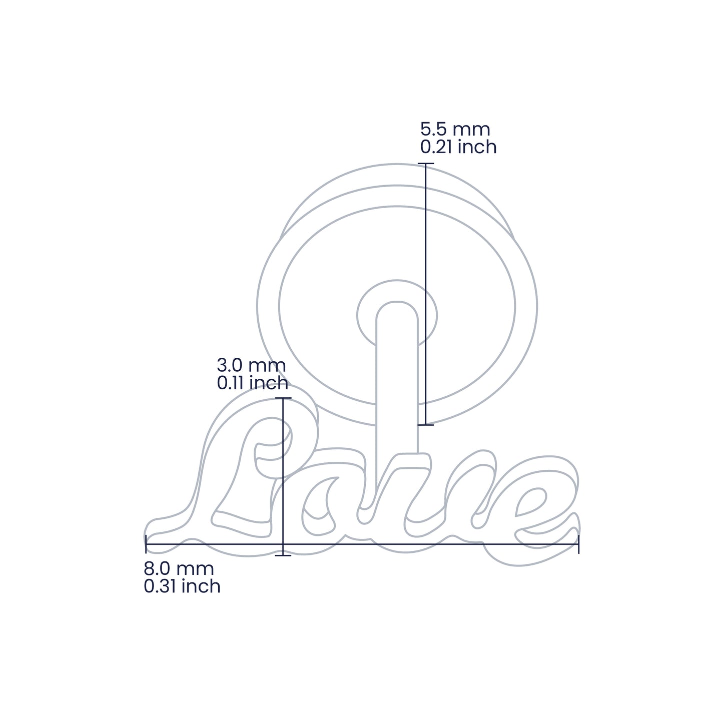 Croquis de topito de la palabra love de 8.0mm de ancho y 3.0mm de alto con broche en rosca española en oro amarillo de 18 quilates, hechos en Joyería Caracas. 