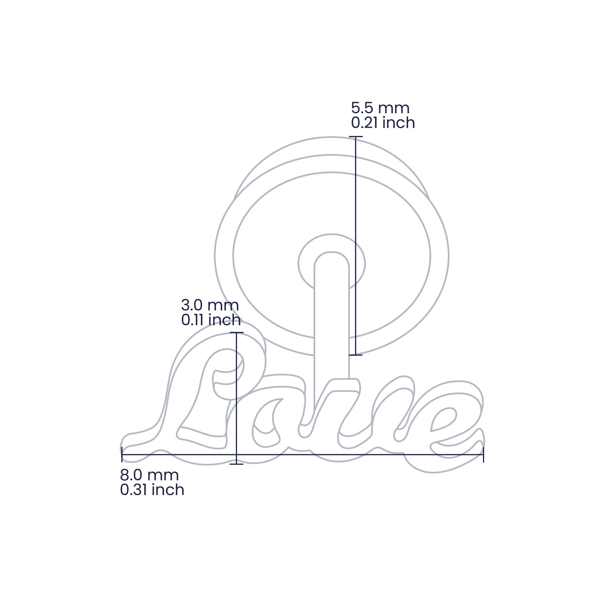 Croquis de topito de la palabra love de 8.0mm de ancho y 3.0mm de alto con broche en rosca española en oro amarillo de 18 quilates, hechos en Joyería Caracas. 