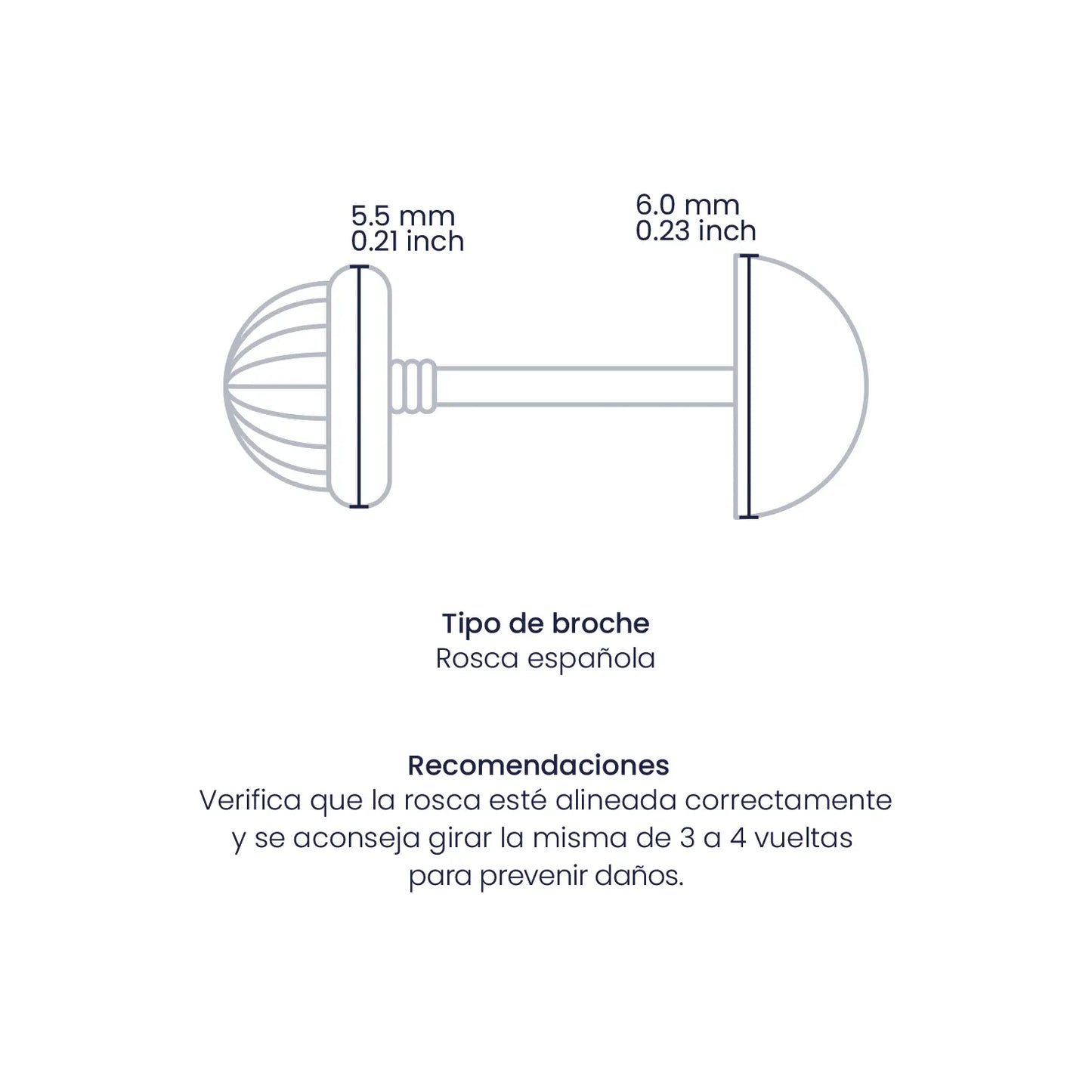 Croquis de topito media esfera lisa de 6.0mm con broche de rosca española en oro amarillo de 18 quilates, hechos en Joyería Caracas.