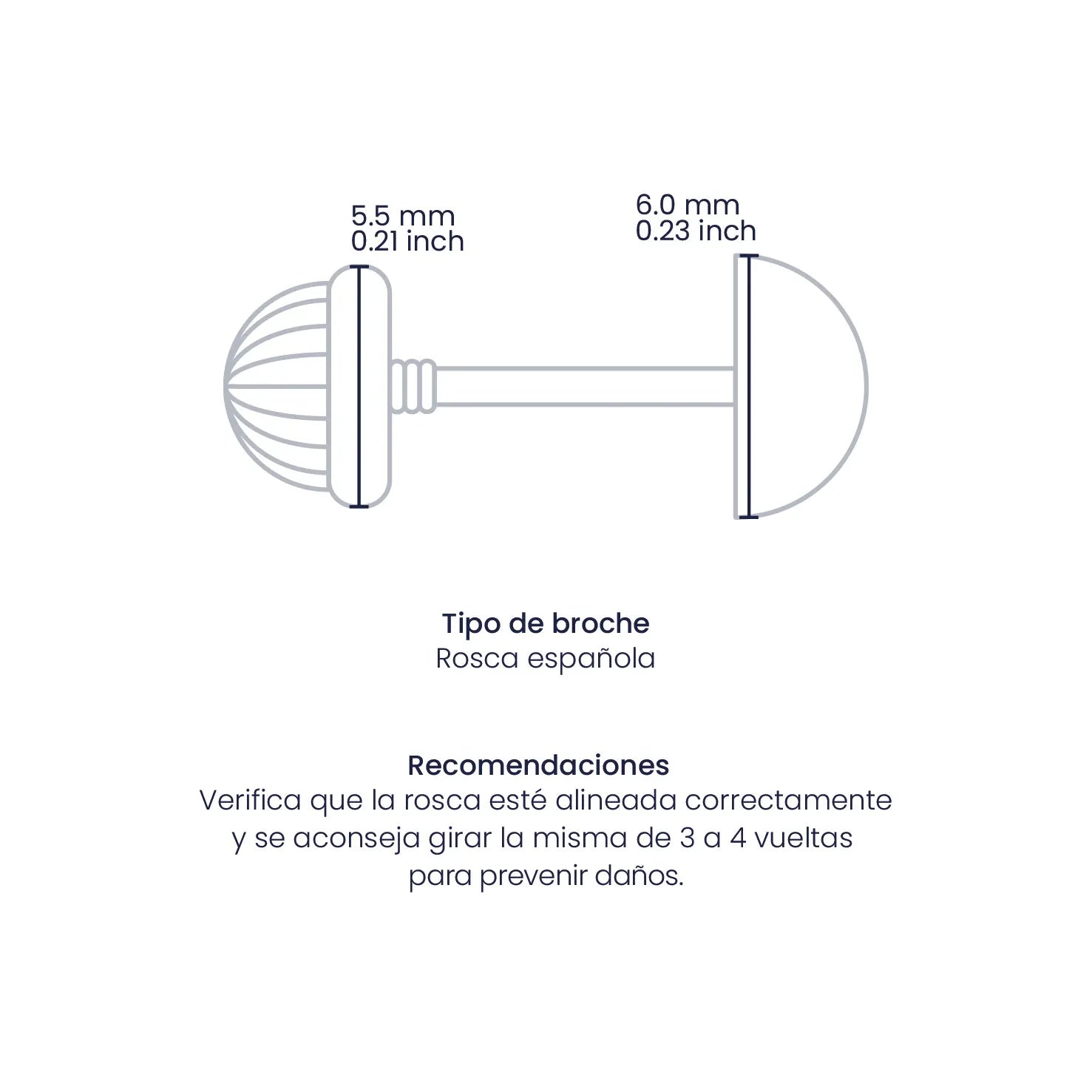 Croquis de topito media esfera lisa de 6.0mm con broche de rosca española en oro amarillo de 18 quilates, hechos en Joyería Caracas.