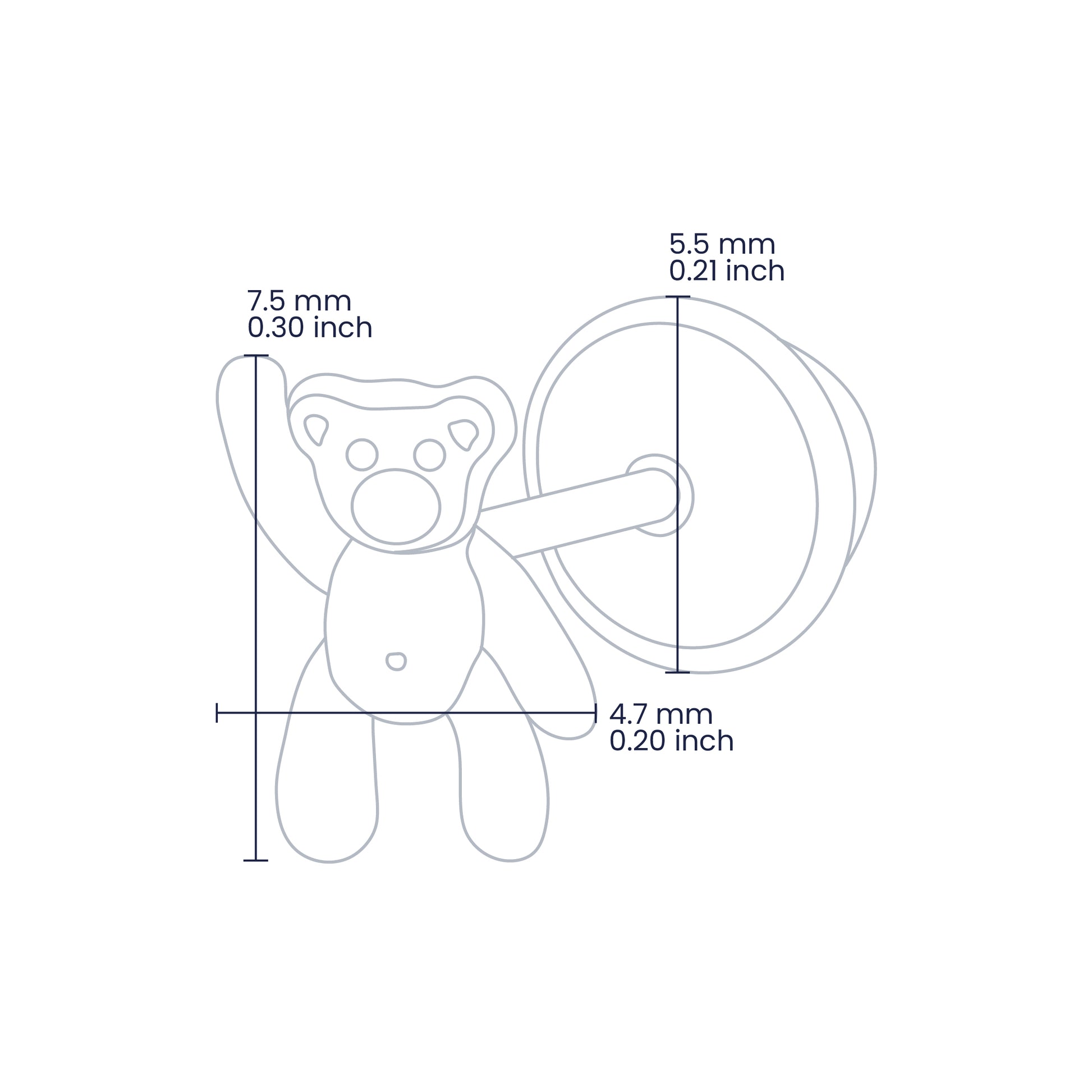 Croquis de topito de forma de oso teddy de 7.5mm de alto en oro amarillo de 18 quilates, hecho en joyeria caracas. 