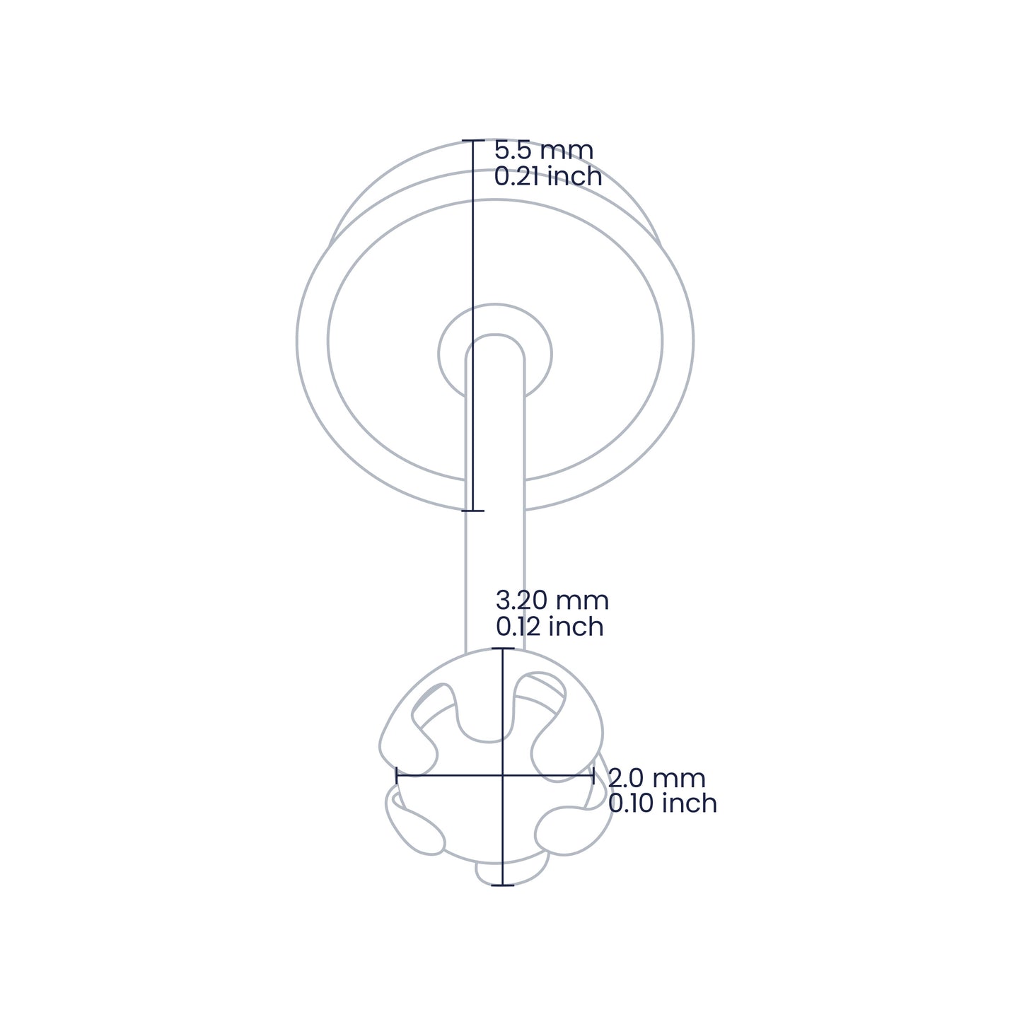 Croquis de topito de 3.20mm con broche de rosca española en oro amarillo de 18 quilates con zafiro natural de 2.0mm, hecho en Joyería Caracas. 