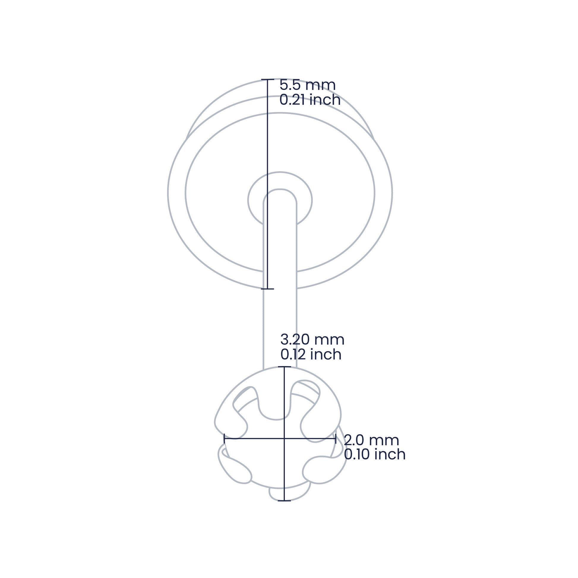 Croquis de topito de 3.20mm con broche de rosca española en oro amarillo de 18 quilates con zafiro natural de 2.0mm, hecho en Joyería Caracas. 