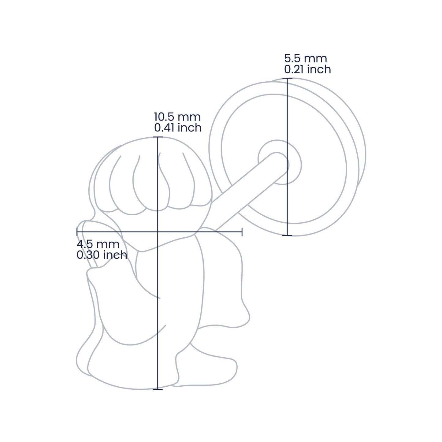 Croquis de topito en forma de ángel rezando de 10.5mm de alto y 4.5mm de ancho con broche de rosca española en oro amarillo de 18 quilates, hechos en Joyería Caracas. 
