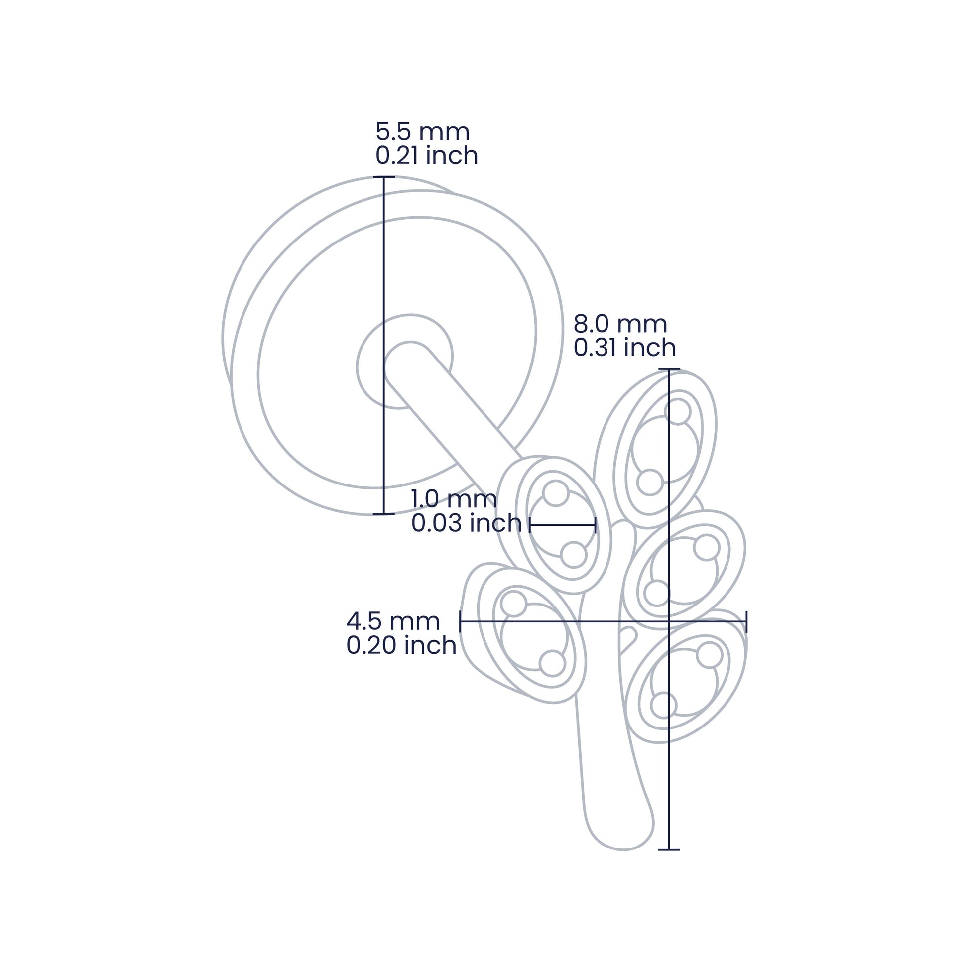 Croquis de topito en forma de racimo de 8.0mm de alto y 4.5mm de ancho con broche de rosca española en oro amarillo de 18 quilates con 5 cristales de color rojos de 1.0mm, hechos en Joyería Caracas. 