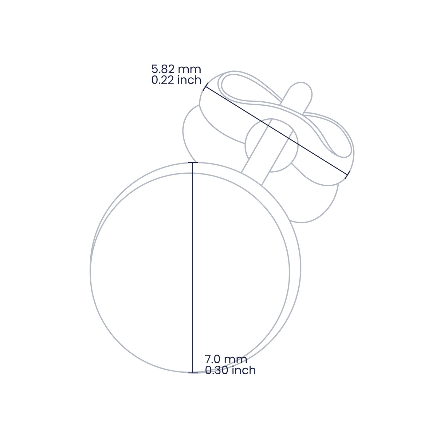 Croquis de topito en forma circular de 7.0mm con broche mariposa en oro amarillo de 18 quilates, hechos en Joyería Caraca. 
