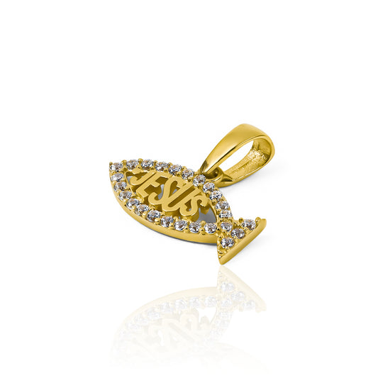 Dije Pez Jesús Crystal I, elaborado en oro 18K por Joyería Caracas, cuenta con garantía de por vida.