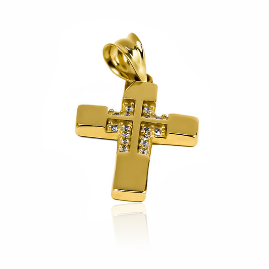 Dije cruz radiant I. Diseñado con oro 18k y elaborado por Joyería Caracas, cuenta con garantía de por vida. 