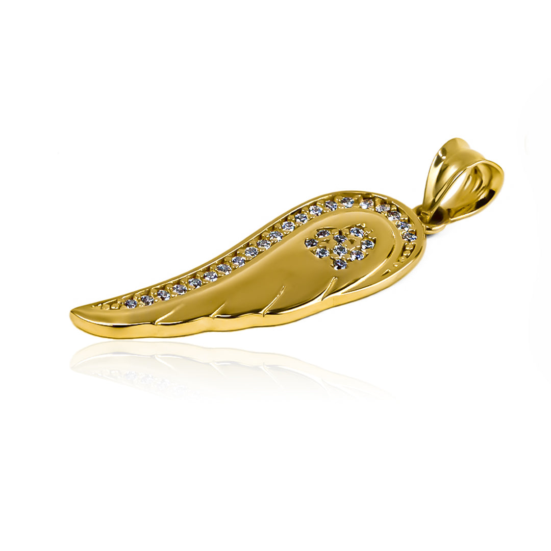 Dije de ala de ángel fabricado en oro 18k de Joyería Caracas. Cuenta con garantía de por vida. 
