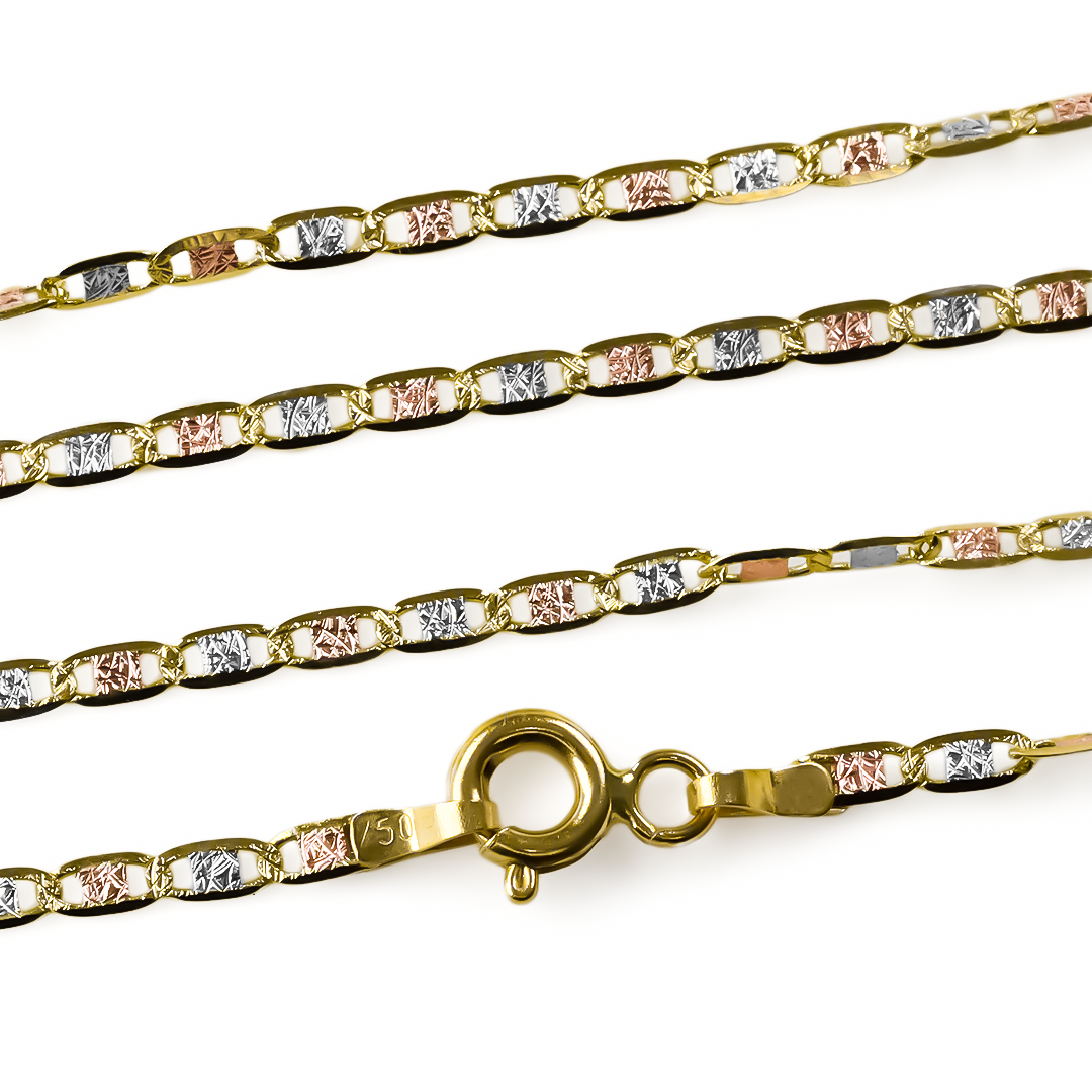 Cadena Escalera 3 oros S45 de oro de 18K de la Joyería Caracas ofrece un estilo elegante con su diseño de cadena en tres tonos de oro, cuenta con garantía de por vida. 