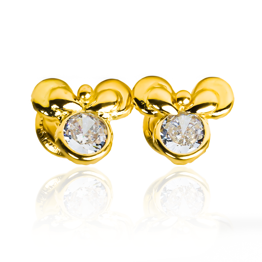 Topitos Cristal Mickey con detalles en Oro 18K. Creados por Joyería Caracas con garantía de por vida, estas piezas son una verdadera obra de arte.