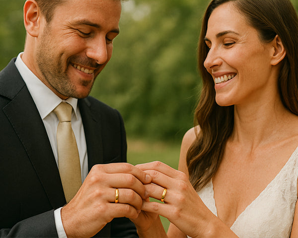 Par de recién casados felices con su par de argolla de matrimonio de oro