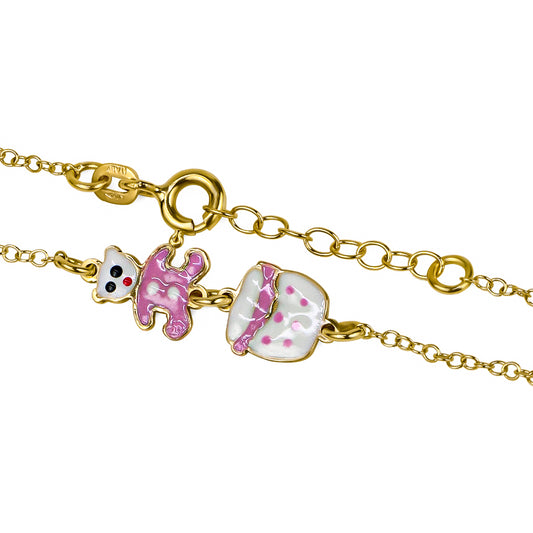 Pulsera niña Pink bear I en oro de 18K de la Joyería Caracas, cuenta con garantía de por vida.