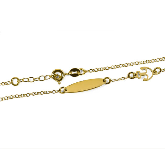 Pulsera bebe anclita elaborada en oro 18K por Joyería Caracas, cuenta con garantía de por vida.