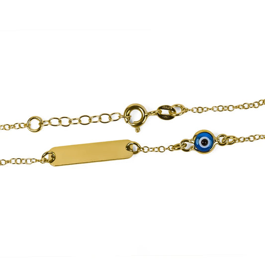 Pulsera baby ojito turco elaborada en oro 18K por Joyería Caracas, cuenta también con una garantía para toda la vida.