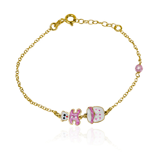Pulsera niña Pink bear I en oro de 18K de la Joyería Caracas, cuenta con garantía de por vida.