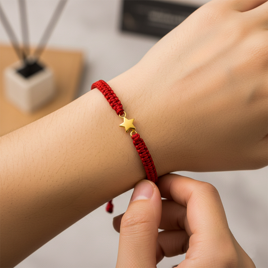 Mano de modelo usando una pulsera tejida en hilo color rojo con dije en forma de estrella en oro amarillo de 18 quilates de Joyería Caracas. 