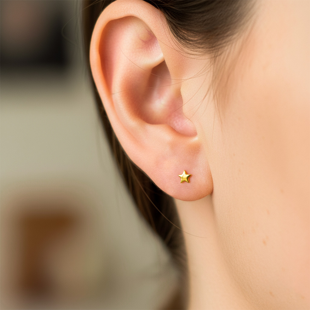 Oreja de modelo usando un topito en forma de estrella en oro amarillo de 18 quilates de Joyería Caracas. 